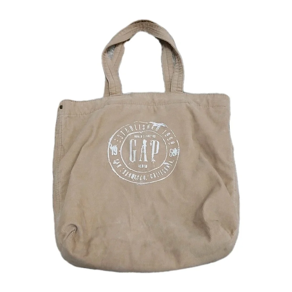 GAP Beige Corduroy Tote Bag Logo Print San Francisco 1969 Pocket Y2K Casual